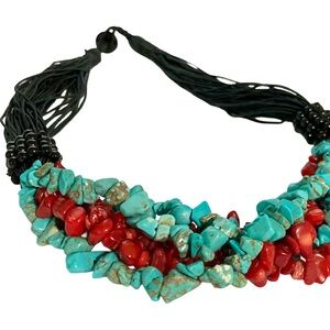 Chunky Turquoise and Red Beaded Coker Necklace 17”